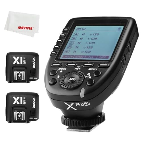 Godox Xpro N TTL Wireless Flash Trigger for Nikon 1/8000s HSS TTL-Convert-Manual Function Large Screen Slanted Design 5 Dedicated Group Buttons with 2X X1R N Controller Receiver