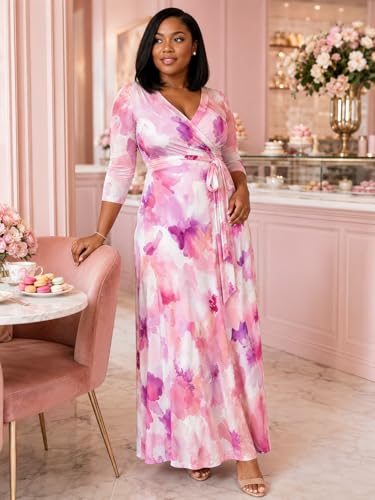 Image of Women's V Neck Floral Maxi Dress 3 /4 Sleeve Plus Size Boho Wrap Flowy Long Dresses with Belt