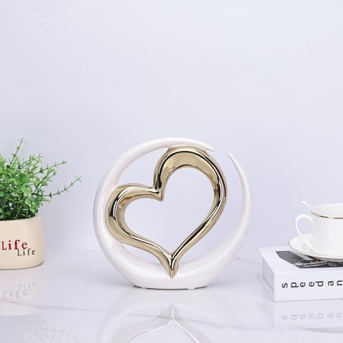 Estatua decorativa corazón de porcelana blanco y dorado miniatura 4