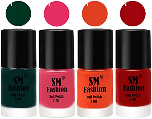 Image of Nail Polish Combo Set (Pack of 4) Quick Dry Gel Finish Nail Paint | Dark Green,Dark Rose Pink,Reddish Orange ,Light Red | 7 ml Each