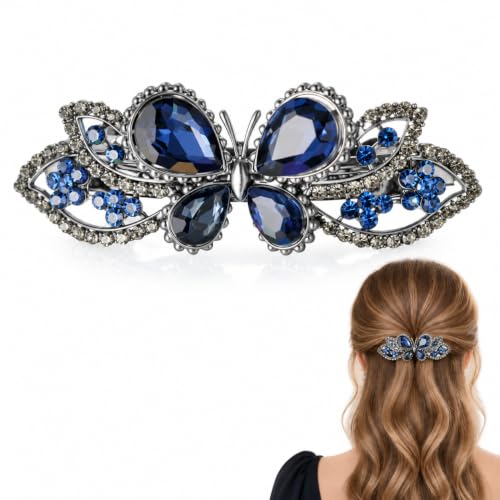 Soumimi Navy Blue Rhinestone Butterfly Hair Barrette for Women