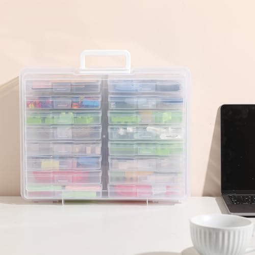 Image of PCA Photo Storage Box 4 inch x 6 inch With Handle - 16 Inner Keeper, Large Organizer, Clear Plastic Craft Case for Stickers, Stamps, Jigsaw, Vegetable Seeds