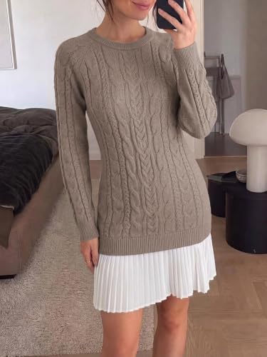 Angashion Womens Cable Knit Sweater Dress Patchwork Pleated Fall Mini Dress - image 3