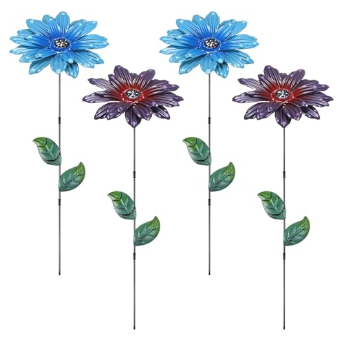 M METERXITY 4 Pack Large Flower Garden Decor Stakes, 13 Inch Waterproof Metal Garden Stakes Spring Decor for Indoor/Outdoor/Lawn/Flower Pot/Bed/Bouquets/Patio/Home Decor [2 Blue & Purple] by M METERXITY - Used condition - US$16.87