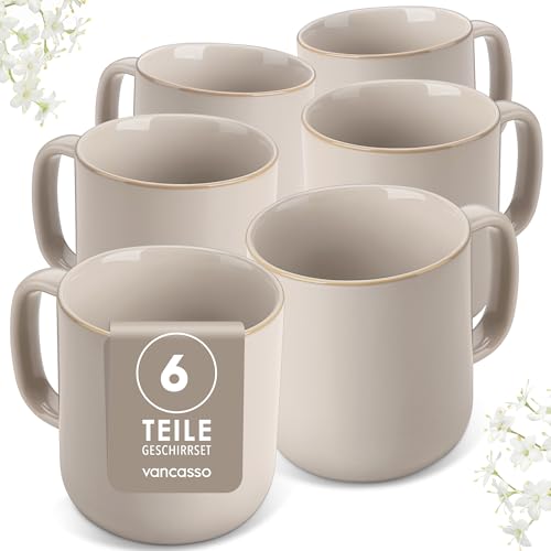 Kaffeetassen Set 6er vancasso PLAYA Tassen Set 6 Stück mit Henkel 480ml Teetassen aus Steingut Mikrowellen und Spülmaschinenfest Soft Beige
