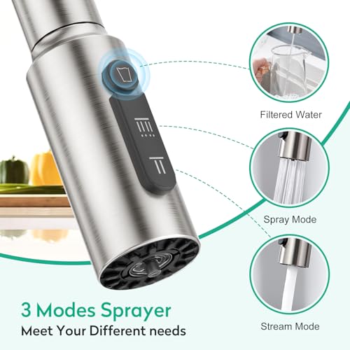 CREA 3 Wege Küchenarmatur mit Brause, Drei Wege Wasserhahn Küche Ausziehbar, 360° Drehbar 3 Wege Mischbatterie, Einhand Trinkwasserhahn, 3 in 1 Spültischarmatur, 3 Wege Armatur aus Edelstahl,Gebürstet