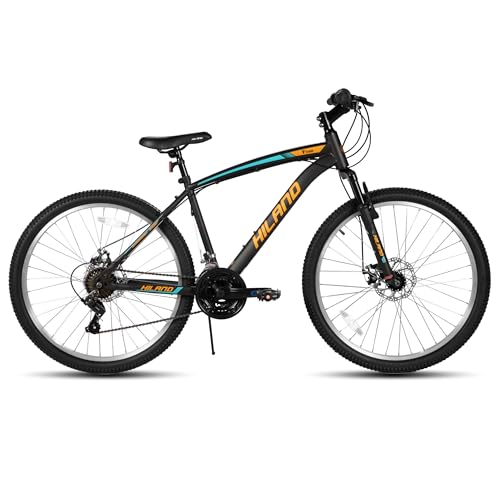 HH HILAND Mens and Womens Mountain Bike, 26 Inch 18 Speed Mountain Bicycle with Dual Disc Brake, Front Suspension Fork, High Carbon Steel Frame Urban Commuter Bike for Adults, Black Orange