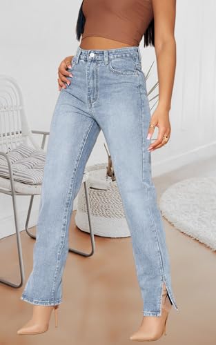 Women's Straight Leg Washed High Waist Denim Jeans Stretchy Trendy Split Hem Pants A-Blue3