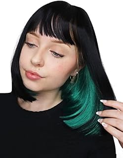 Two Tone Wig for Women Black & Emerald Green – Realistic Hair with Bangs, Fits All, Heat-Resistant, Curl & Restyle Bob – Fashion or Cosplay Fun