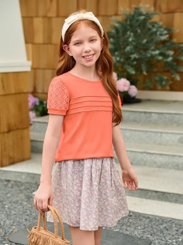 Image of Haloumoning Girls Short Sleeve T Shirts Kids Summer Lace Crewneck Tops Fashion Pleated Tees 5-14 Years