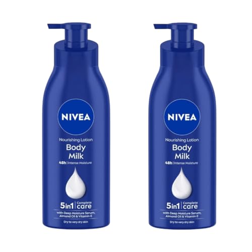 Image of NIVEA Nourishing Body Milk Richly Caring Lotion 48 Hour Deep Moisture for Very Dry Skin - Almond Oil + Deep Moisture Serum - Fast-Absorbing, Non-Greasy Rich Cream 400ml, Pack of 2