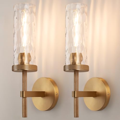 15 Brass Wall Sconces Set with Water Ripple Glass