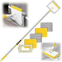 JEHONN Baseboard Cleaner Tool with Handle, 56 inches Base Boards Cleaning Mop Scrubber, 1 Stiff Bristles Brush, 2 Chenille and 2 Microfiber Pads, Wall Duster for Floorboard Ceiling Window Yellow