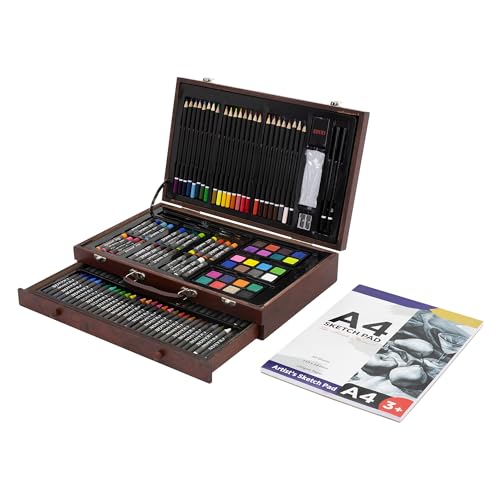 ECD Germany Estuche de Pintura de 141 Piezas Maletín de Madera Kit de Arte y Dibujo Portátil Caja XXL Profesional de Artista para Niños y Adultos Incluye Lápices de Colores, Acuarelas y más Accesorios