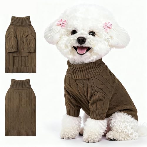 Image of Small Dog Thermal Pullover Sweater, Classic Turtleneck Cable Knitwear Dog Clothes for Cold Weather Warm Pet Clothes for Chihuahua, Bulldog, Dachshund, Pug Tan Medium