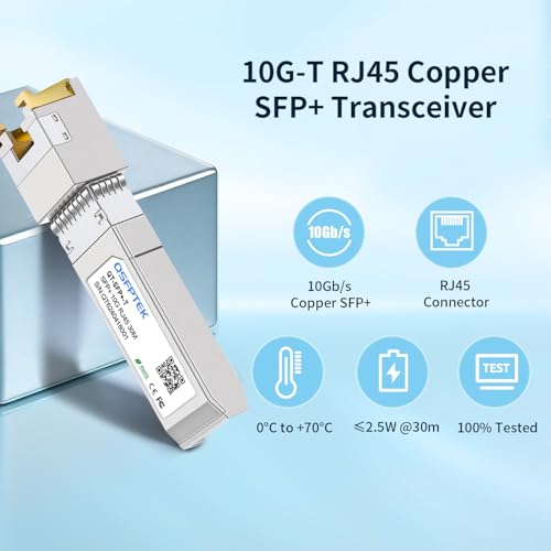 Image of QSFPTEK 10GBASE-T SFP+ Copper Module, 10gb SFP Transceiver, SFP to Ethernet, 10 gigabit Mini-GBIC SFP to rj45 for Intel E10GSFPT, up to 30m