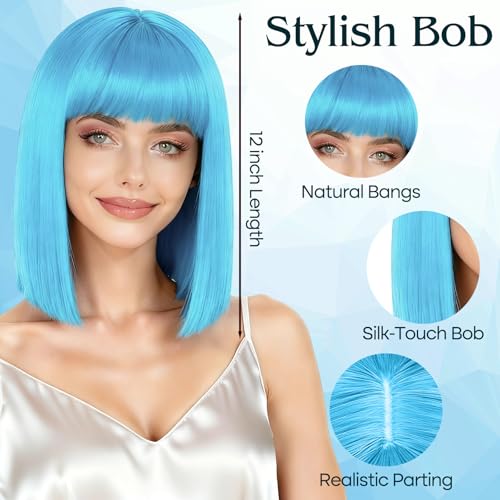 Image of PLULON Light Blue Bob Wig with Bangs, Short Straight Bob Wig with Heart Sunglasses 12 Inch Shoulder Length Heat Resistant Synthetic Hair Cap for Women Natural Look Daily Use Cosplay Costume Party