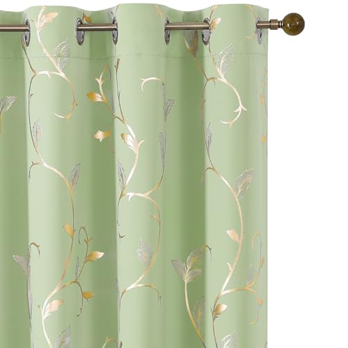 BUHUA Blackout Curtains Gold Foil Print Flower Vine Grommet Drapes, Room Darkening Thermal Insulated Curtains, Noise Reducing Curtain for Bedroom, Grass Green, 52Wx84L, 2 Panels