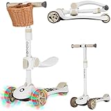 Lionelo FRANKY 2 in 1 Bicicletta e Monopattino per Bambini Fino a 50 kg Adatto da 1 a 7 Anni con Sedile e Manubrio Regolabile, Ruote LED, Telaio Rinforzato, Pedana antiscivolo, Cestino (Beige)