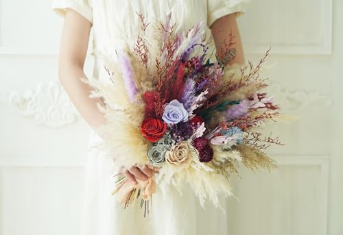 Ramo de flores secas beige y rojo estilo boho rústico miniatura 5