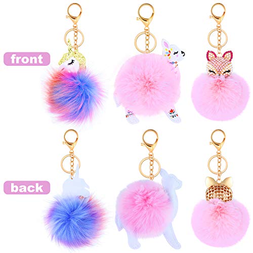 Willbond 3 Pieces Cute Animal Unicorn Pom Pom Keychain Faux Fluffy Key Ring For Women Girls (Pink Alpaca Gold Unicorn) #TOP2