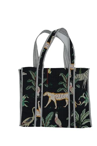 Quilted Large Cotton Fabric Tote Bag Travel Grocery Shopping Weekend Trips with Inside Pocket -Tropical Safari3