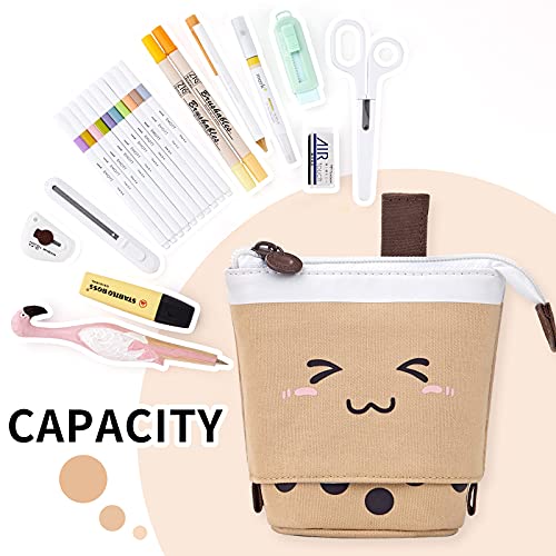 Angoobaby Cute Pencil Case Standing Pen Holder Telescopic Makeup Pouch Pop Up Cosmetics Bag With Kawaii Smile Face Stationery Case Office Organizer Box For Girls/Boys Students Women Adult (Brown) #TOP3