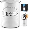 Zulay Large Utensil Crock Storage Organizer - Kitchen Utensil Holder For Countertop With Padded Base - Large Utensil Holder With Rustic Farmhouse Design For Home & Kitchen Decor (White)