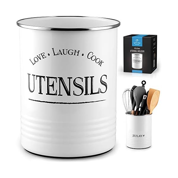 Zulay Large Utensil Crock Storage Organizer - Kitchen Utensil Holder For Countertop With Padded Base - Large Utensil Holder With Rustic Farmhouse Design For Home & Kitchen Decor (White)