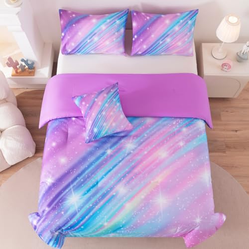 Image of Full Bedding Set for Girls, Glitter Rainbow Comforter Set for Girls, Galaxy Purple Bedding Sets Full Size