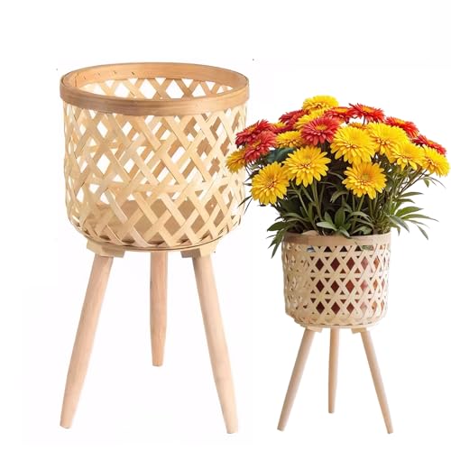 LiliGloris Boho Rattan Plant Stand Set of 2 – Handwoven Tall Elevated Wicker Plant Baskets for Indoor Plants, Mid-Century Modern Wooden Planter Holder with Tripod Legs, Farmhouse Home Decor