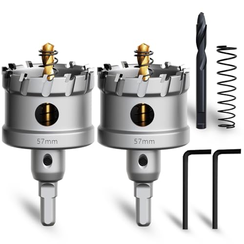 METOTY 57mm 2PCS Carbide Hole Saw Set,Heavy Duty Tungsten Carbide Tipped Hole Cutters Set with a nitrided Step Drill and L-flench, for Steel Iron,Aluminum,Stainless stell,Plastic​