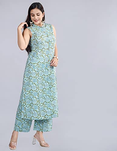 Image of Cotton Printed Front Slit Kurta with Palazzo Set for Women