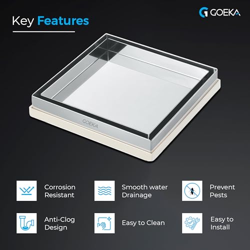 Image of GOEKA 6 inch x 6 inch SS 304 Stainless Steel Tile & Marble Insert Floor Drain | Reverse Plate Jali Stainer | Square Bathroom, Roof, Terrace, Balcony Drain | Anti-Clog & Rust-Resistant