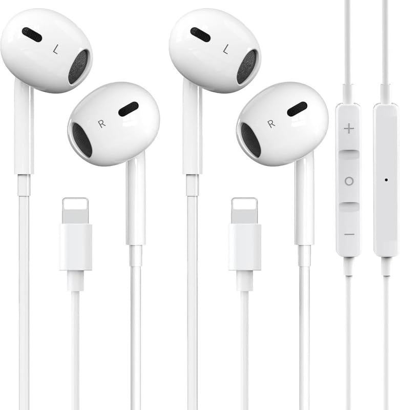2 Packs Wired Headphones for iPhone 14/13 Earbuds with Built-in Microphone & Volume Control HiFi Stereo Nosie Reduction Earphones Compatible with iPhone 12/11/XR/XS/X/8/7/SE Support All iOS System Lightning White