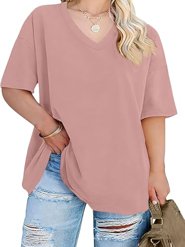 Image of VVNTY 95% Cotton Plus Size T-Shirts for Women | Ladies Summer Short Sleeve Loose V Neck Basic Top (LightPink1,5XL)