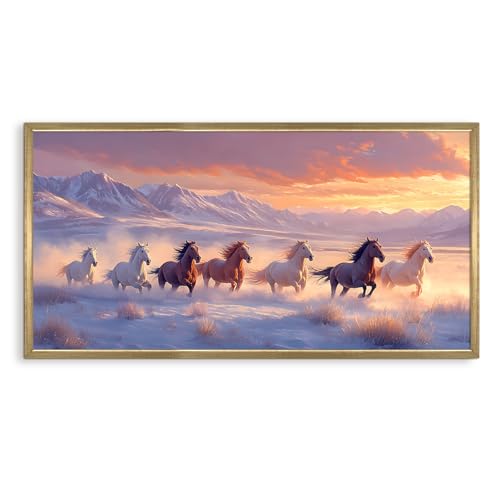Image of PAPER PLANE DESIGN Seven Running Horses HD Canvas Print Wall Art - Premium Vastu Golden Box Frame With Acrylic - Elegant Home & Office Decor - Size: 2 x 4 Feet. (C)