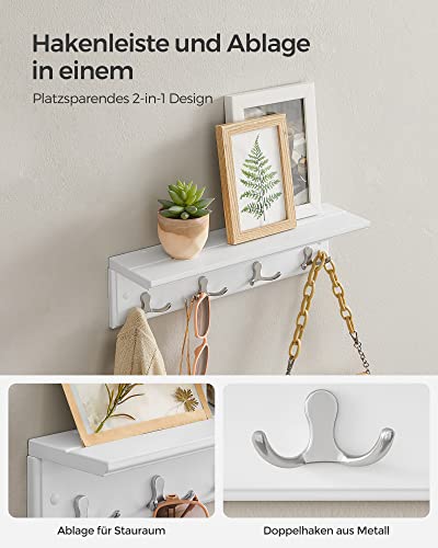 SONGMICS Wandgarderobe mit Ablage, Flurgarderobe, Garderobe für Wand, Garderobenleiste mit 4 Doppelhaken aus Metall, für Mäntel, Taschen, für Flur, Schlafzimmer, Wohnzimmer, weiß LHR42WT