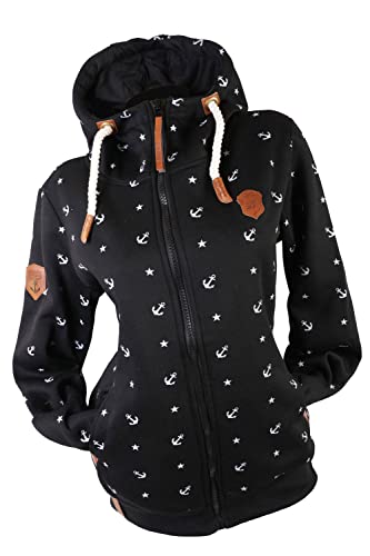 VIN TE Damen Sweat Jacke Kapuze Hoodie Fleece gefüttert Übergangsjacke Anker gepunktet Sterne Anker M-7XL (Schwarz-Anker/Sterne, M) Cover
