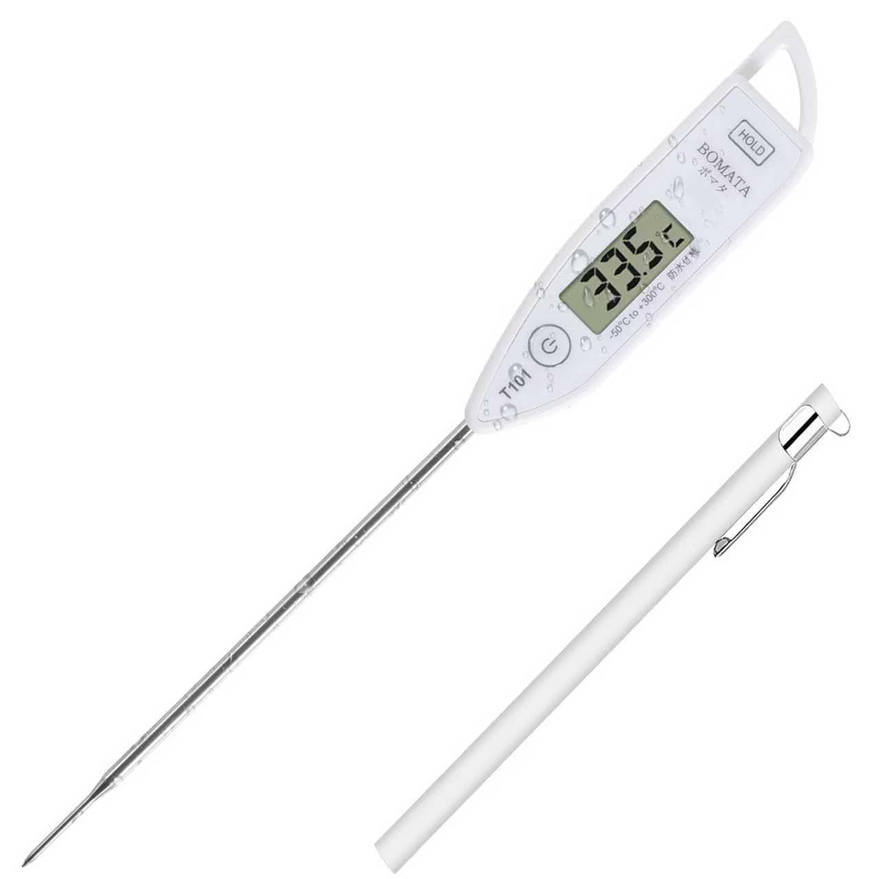 BOMATA 防水速読温度計 料理 速読3~6秒 防水IPX6 丸洗い可能 デジタル 304ステンレス LCD大画面 壁掛け穴 収納便利 油温 揚げ物 てんぷら お肉 お風呂 牛乳などの温度測量用 調理用 T101C 白い