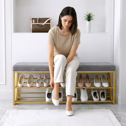 Image of Entryway Shoe Rack with Cushioned Seat, Shoe Bench for Entry, 2 Shelves Storage Bed Bench