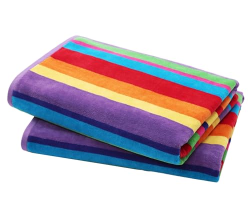 COTTON CRAFT Oversized Beach Towel - 2 Pack 35x70 XL Summer of Siam Towel Set - 100% Cotton Pool Bath Towel - Terry Jacquard Velour 450 GSM Plush Super Soft Absorbent Luxury - Multi Color Stripe