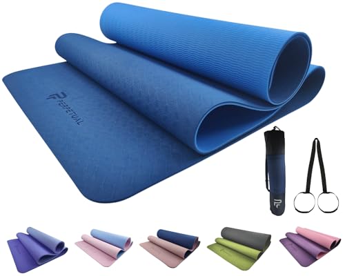 PERPETUAL® TPA Tapete de ioga e pilates de 6 mm - Mat antiderrapante - com correia e bolsa de transporte - tapete grosso e dobrável - homem /mulher - ginástica e exercícios (azul-marinho/azul)