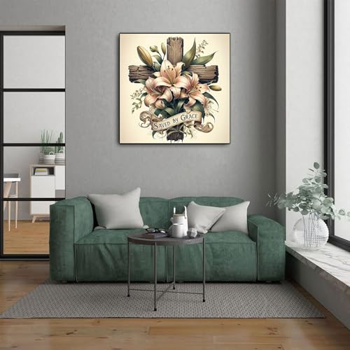 5D Cross Diamond Art Kits for Adults Beginners,DIY Full Round Drill Diamond Painting Kits Religious Cross With Lily Flowers, Paint by Diamonds Dot Gem Art Crystal Easy,Home Wall Decor 13.7X13.7Inch