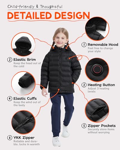 Image of HEWINZE Kids Heated Jacket,Lightweight Water-Resistant Hooded Puffer Heated Coat for child with 5V Battery Pack(Unisex)