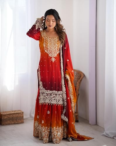 Image of Pandadi Saree Women's Chinon Silk Embroidery Kurta Sharara Set With Dupatta.