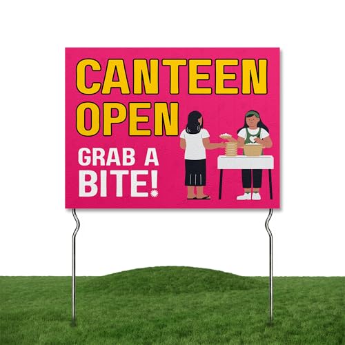 Canteen Open - Grab a Bite! Yard Sign by DC | 24"x18" Double Sided School Garden Sign with 13” Metal Stakes | Outdoor Signs Waterproof for Lawn, Patio, Sidewalk & House | Set of 2 | Made in USA