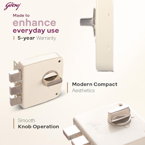 Image of Godrej Rim Lock I Tribolt Compact 1CK Door Lock | Triple Bolt Lock for Wooden Door | 3 Reversible Keys | Puller Ring Anti-Lockout |21mm Latchbolt 60mm Backset I 5 Year Warranty | Cool Ivory