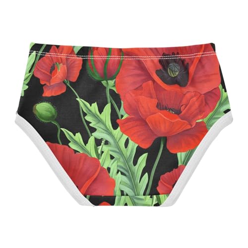 Cotton Toddler Underwear Floral Red Poppy Flowers Green Leaves Black Little Girl Panties Bright Briefs Undies Kids 2t2