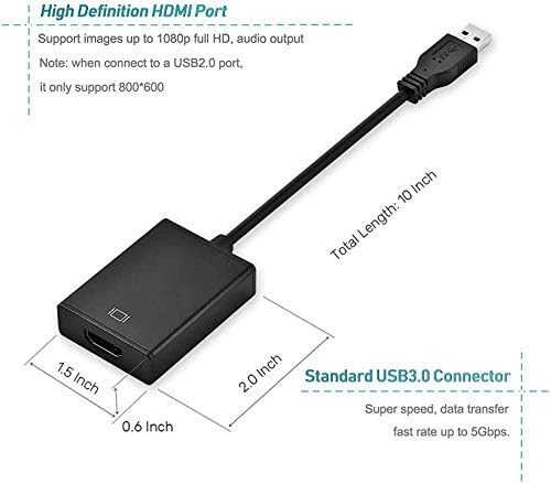 USB to HDMI Adapter, USB 3.0 / 2.0 to HDMI 1080P Full HD Video Audio Multi Monitor Converter Adaptor for PC Laptop Projector HDTV Compatible with Windows XP 7/8/8.1/10 (NO MAC & VISTA)